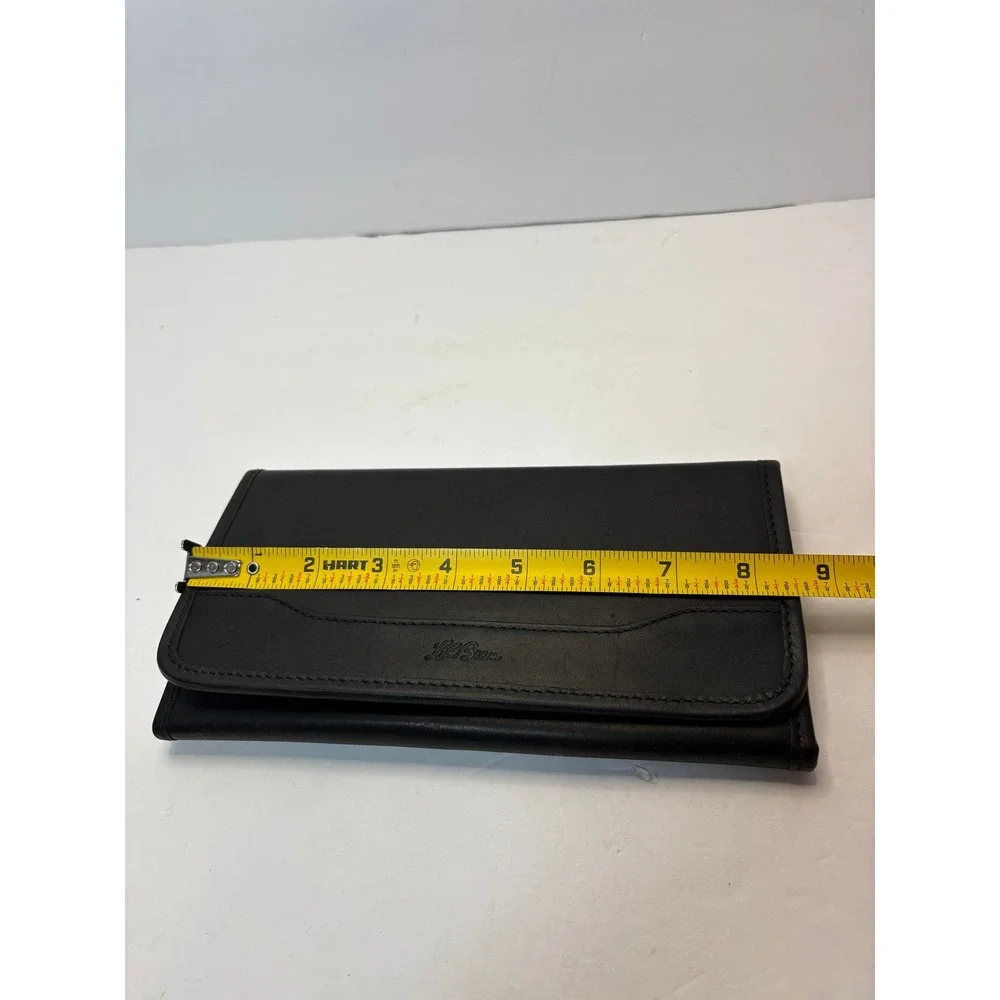 Vintage LL Bean Black Leather Trifold‎ Checkbook Wallet Plaid Lining Mens Womens